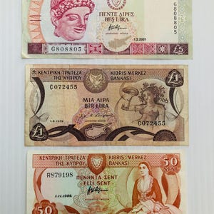 Cyprus 5 Pounds, 1 Pound, 50 Cents Lot of 3 Banknotes Ornate Rare Pre-Euro