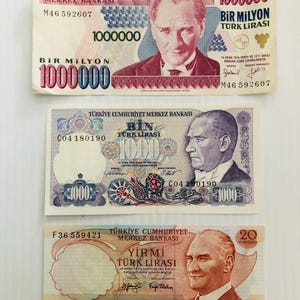 Turkey 1000000, 1000, 20 Lira 1990s Lot of 3 Vintage Banknotes Colorful Ornate Inflation