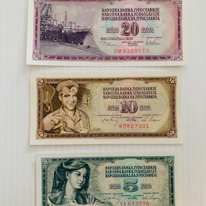 Jugosławia 5, 10, 20 Dinara Lata 60.-70. XX wieku Zestaw 3 kolorowych banknotów