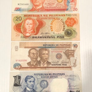 Philippines 20, 10, 1 Pesos 1960s-1990s Lot of 4 Notes