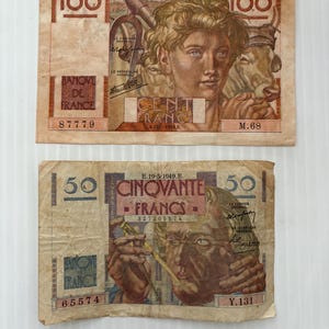 Frankreich 100 und 50 Francs 1940er Jahre Bunte Banknoten Lot von 2 Banknoten Nachkriegszeit 2
