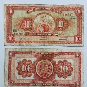 Peru 10 Soles de Oro 1960s Liberty Figure, Coat of Arms