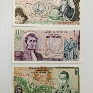 Colombia 20, 10, 5 Pesos Lot of 3 Crisp Banknotes 1960s-1980s Ornate Colorful