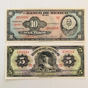 Mexico 10 en 5 peso jaren 1950-1970 Lot van 2 vintage bankbiljetten, frisse staat