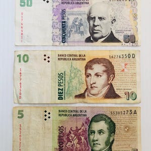 Argentina 50, 10, 5 Pesos Lot of 3 Banknotes 1990s Colorful
