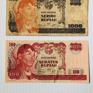 Indonesia 1000 and 100 Rupiah 1968 Lot of 2 Banknotes Colorful