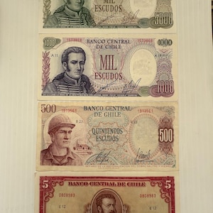 Chile 5000, 1000, 500, 5 Pesos 1960s-1970s Lot of 4 Banknotes Vintage