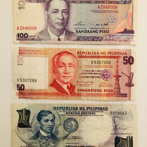 Philippines 100, 50, 1 Pesos Lot of 3 Vintage Banknotes