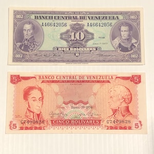 Venezuela 10 and 5 Bolivares Lot of 2 Banknotes 1970s Ornate Nice Condition