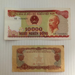 Vietnam 10000 Dong 1990s and 20 Xu 1960s Lot of 2 Vintage Banknotes