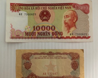 Vietnam 10000 Dong 1990s y 20 Xu 1960s Lote de 2 billetes vintage