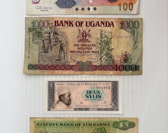 Könnte beinhalten: Eine Sammlung alter Banknoten aus verschiedenen afrikanischen Ländern. Die Noten zeigen Bilder von Tieren, Menschen und historischen Wahrzeichen. Stückelungen sind 100 Rand, 1000 Schilling, 2 Sylis und 5 Dollar. Die Noten sind in verschiedenen Farben gehalten.
