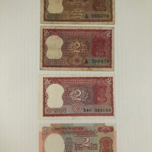 India 2 Rupees Old Vintage 1960s-1990s Lot of 4 Banknotes