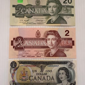 Canada 20, 2, 1 Dollar 1970s-1980s Lot of 3 Banknotes