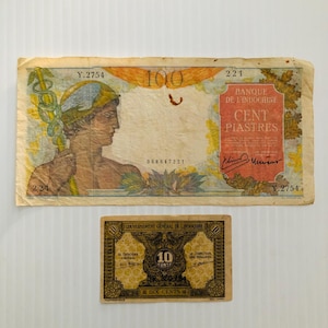 French Indochina 100 Piastres and 10 Cent 1940s Lot of 2 Banknotes Colorful