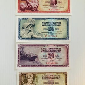 Jugosławia 10, 20, 50, 100 Dinara Lata 70.-80. XX wieku Zestaw 4 kolorowych banknotów