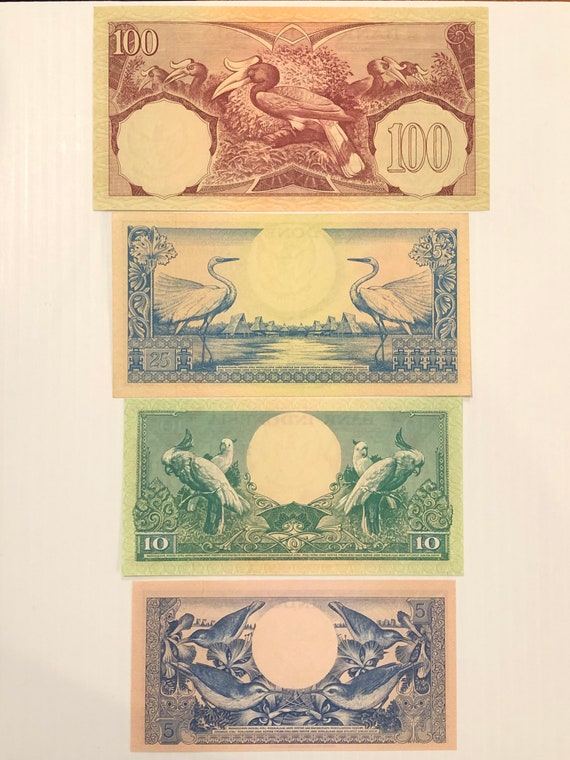 インドネシア 100、25、10、5 ルピア 1959 年 花、鳥 装飾 カラフル
