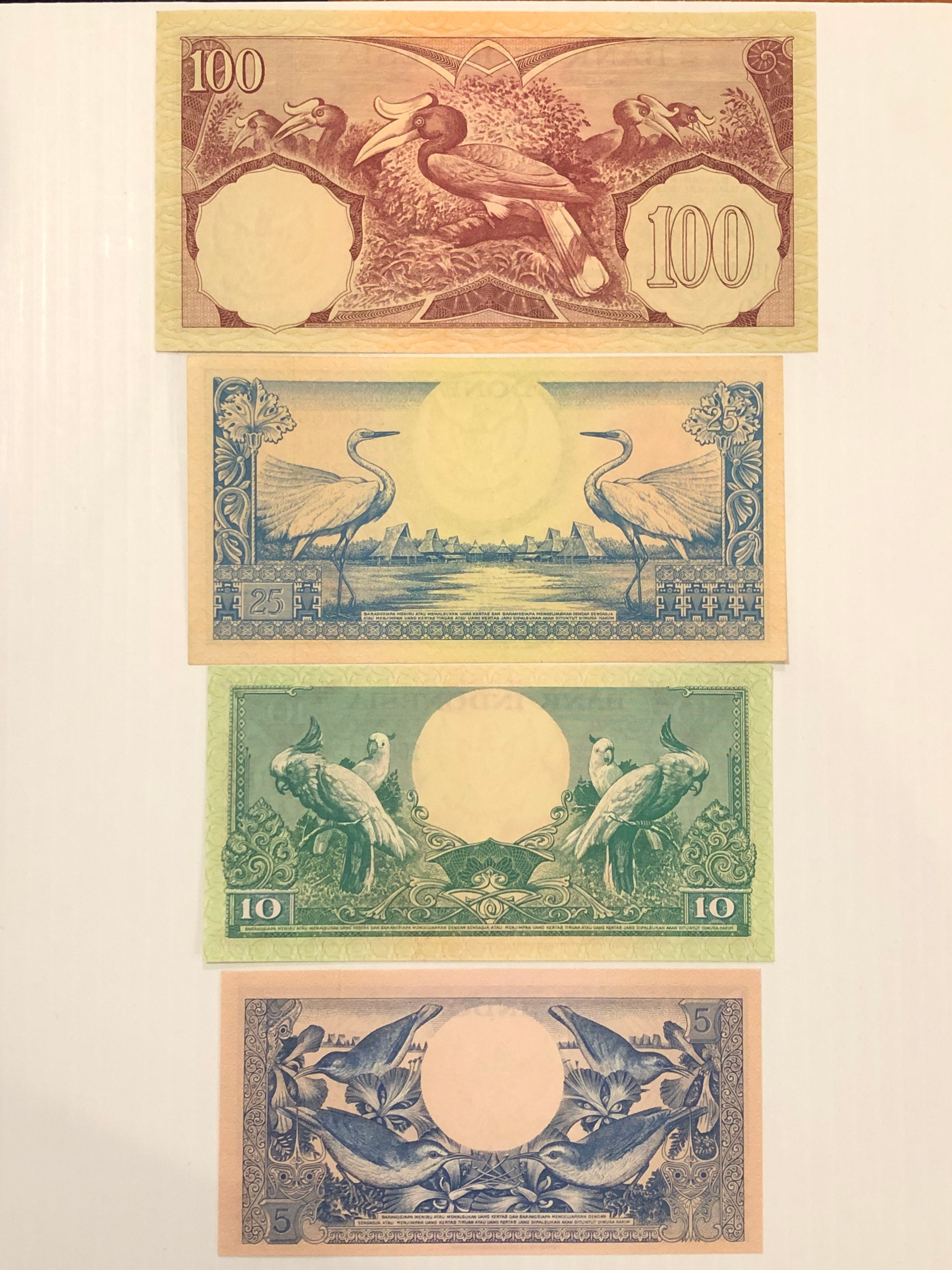 Indonesia 100, 25, 10, 5 Rupiah 1959 Flower, Birds Ornate Colorful ...