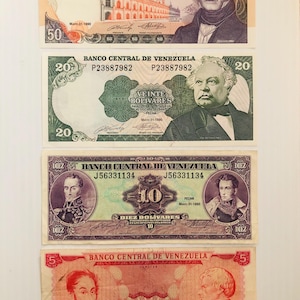 Venezuela 50, 20, 10, 5 Bolivares Lot of 4 Vintage Banknotes 1970s-1990s Ornate