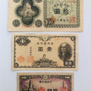 Japan 10 Yen, 1 Yen, 10 Sen 1930s-1940s Lot of 3 Vintage Banknotes