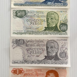 Argentina 5000, 500, 50, 1 Peso Lot of 4 Banknotes 1980s-1990s Colorful