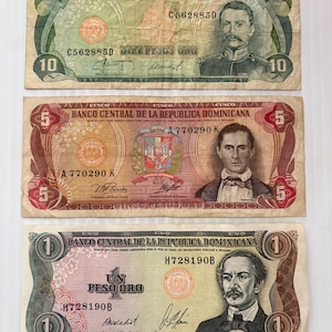 Dominican Republic 10, 5, 1 Pesos Lot of 3 Vintage Banknotes 1980s-1990s