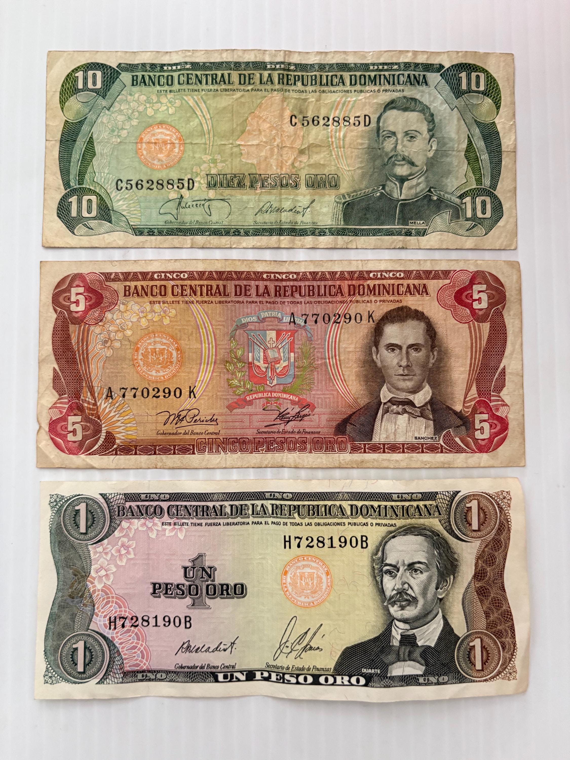 ドミニカ共和国 10、5、1ペソ ヴィンテージ紙幣 3枚セット 1980年代