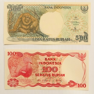 Indonesien 500 und 100 Rupiah 1980er-1990er Lot von 2 Banknoten Bunt Crisp