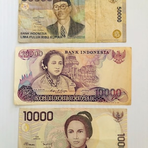 Indonesia 50000, 10000 Rupiah 1980s-1990s Lot of 3 Vintage Banknotes Colorful Ornate