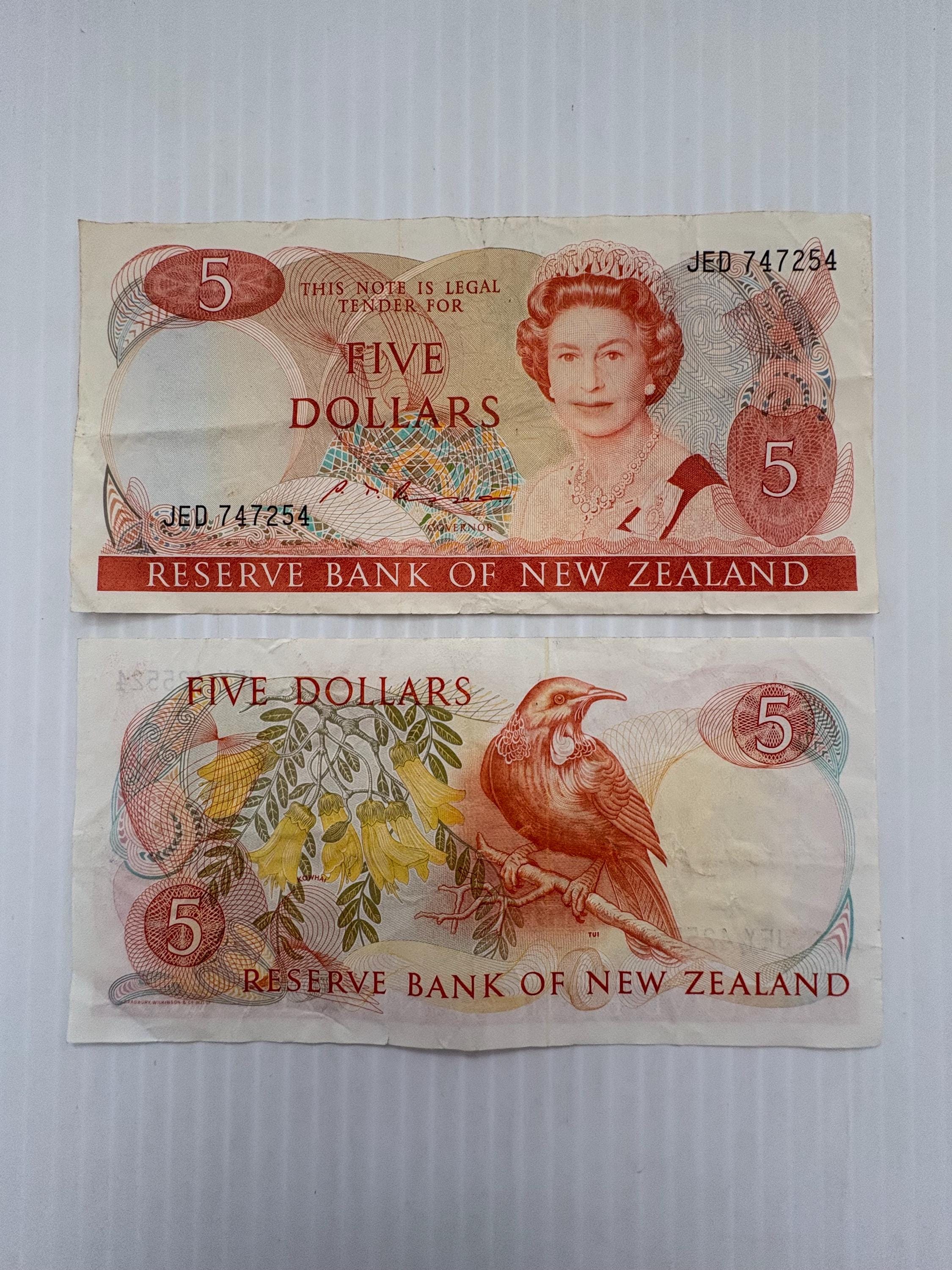 New Zealand 5 Dollars 1980s-1990s Queen Elizabeth II, Birds