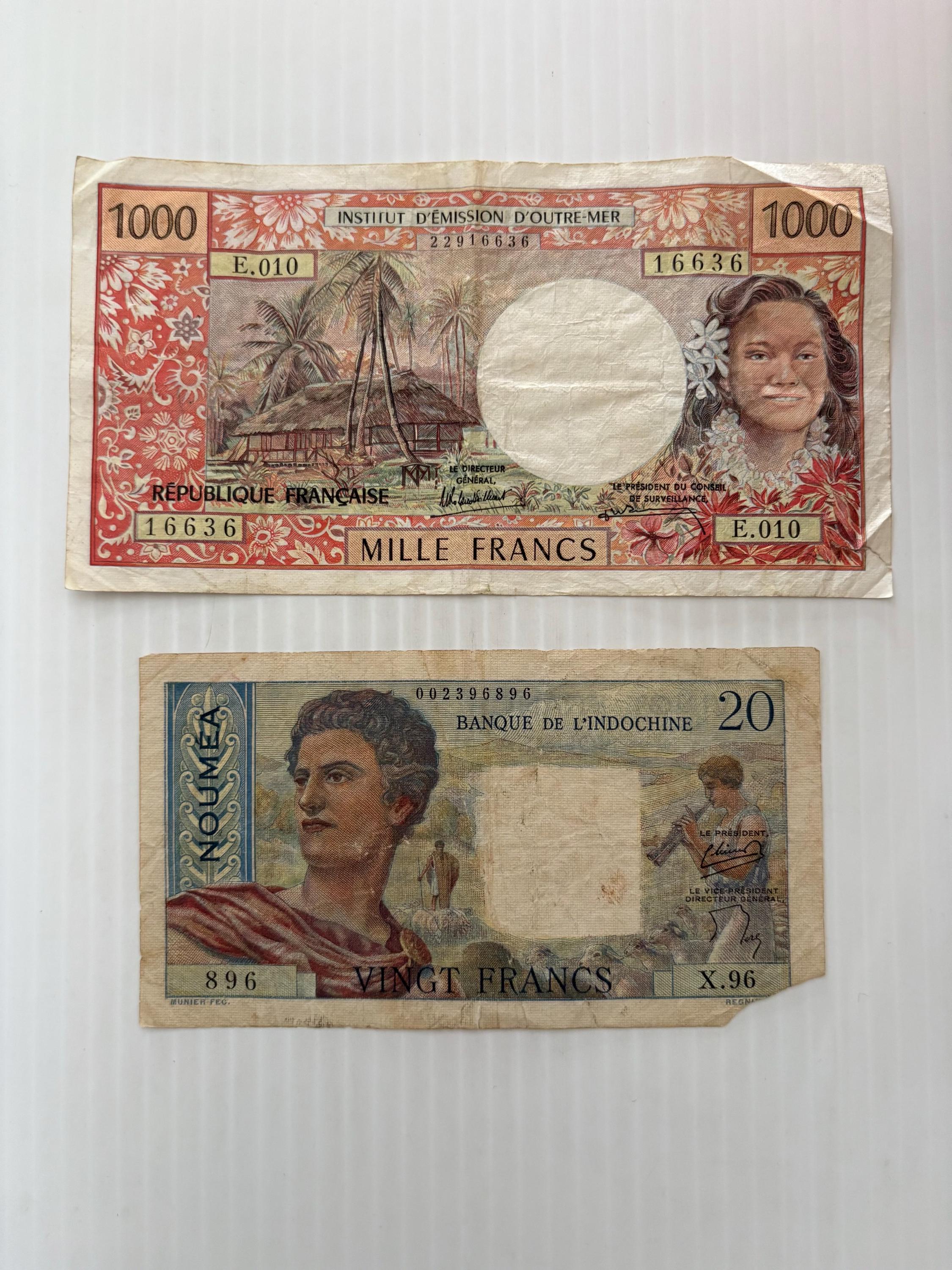 フランス領ポリネシア タヒチ ニューカレドニア 1000フランと20フラン