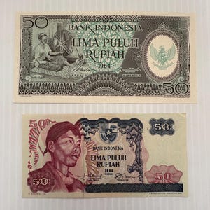 Indonesia 50 Rupiah 1960s Lot of 2 Vintage Banknotes Colorful Ornate