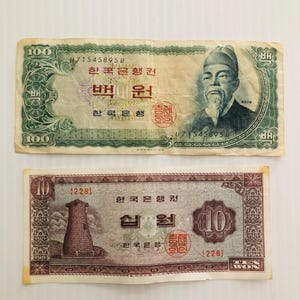 South Korea 100 and 10 Won Lot of 2 Banknotes 1960s