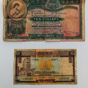 British Hong Kong 10 and 5 Dollars 1950s-1960s Lot of 2 Vintage Banknotes
