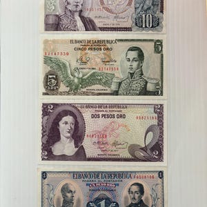 Colombia 10, 5, 2, 1 Pesos Lot of 4 Banknotes 1970s-1980s Ornate Colorful