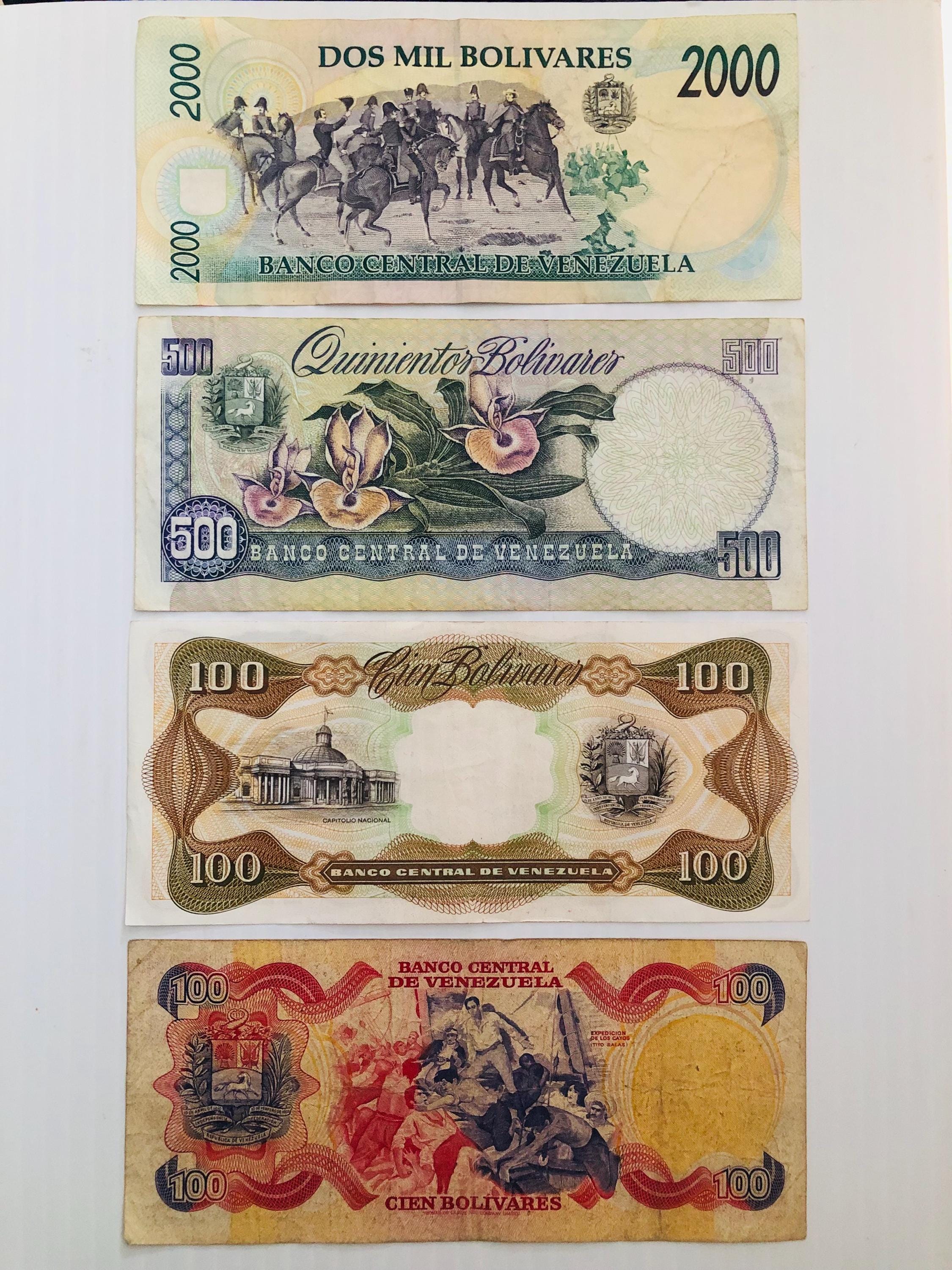 ベネズエラ 2000、500、100 ボリバル ヴィンテージ紙幣 4 枚セット