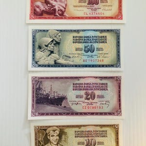 Jugosławia 10, 20, 50, 100 Dinara Lata 60.-80. XX wieku Zestaw 4 kolorowych banknotów