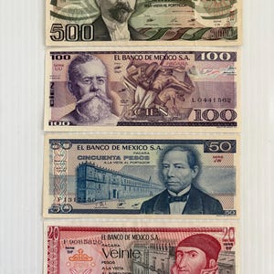 May include: A collection of four Mexican banknotes featuring portraits and architectural illustrations. The bills include a green 500 pesos, a purple 100 pesos, a blue 50 pesos, and a red 20 pesos, each displaying the text El Banco de Mexico.