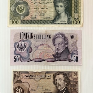 Austria 100, 50 and 20 Schilling 1960s-1970s Lot of 3 Vintage Banknotes Pre-Euro