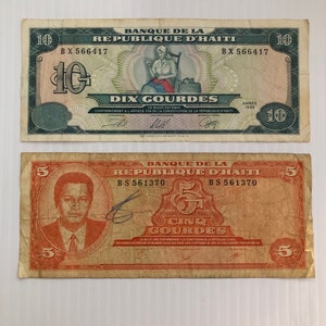 Haiti 10 and 5 Gourdes 1980s-1990s Lot of 2 Banknotes