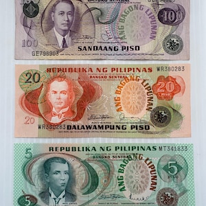Philippines 100, 20, 5 Pesos Lot of 3 Vintage Banknotes