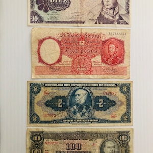 South America Lot of 4 Banknotes 1940s-1980s Colorful Venezuela, Argentina, Brazil, Bolivia