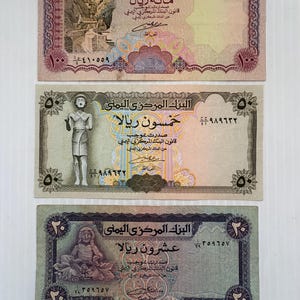 Yemen 100 and 50 Rials 1970s-1990s Lot of 3 Banknotes Vintage Colorful