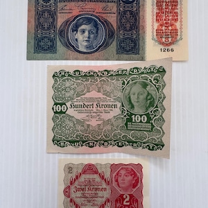 Austria Hungary Lot of 3 Vintage Kronen Banknotes 1910s-1920s