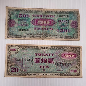France 50 Francs and Japan 20 Yen 1940s Allied Military Currency Lot of 2 Vintage Banknotes World War 2