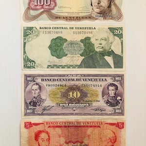 Venezuela 100, 20, 10, 5 Bolivares Lot of 4 Vintage Banknotes 1970s-1990s Ornate