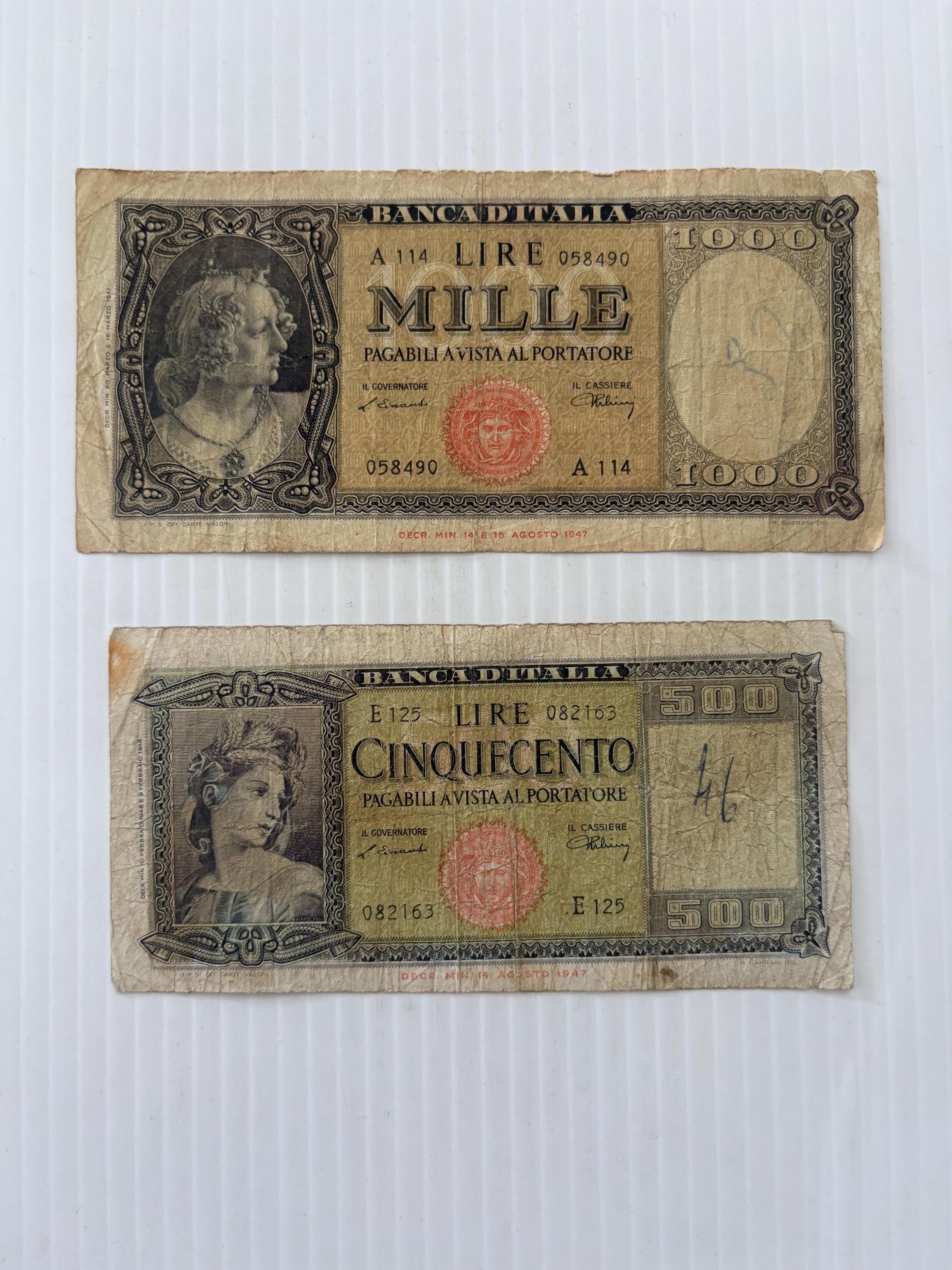 イタリアリラ紙幣コレクション イタリア 1000リラ紙幣と500リラ紙幣 1940年代～1950年代 女性 2枚