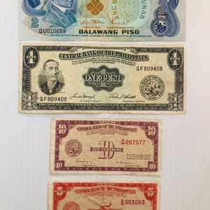Philippines 2, 1 Peso, 10 and 5 Centavos 1940s-1970s Lot of 4 Vintage Notes