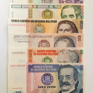 Peru 5000, 1000, 500, 100, 50, 10 Intis 1980s Lot of 6 Vintage Banknotes Colorful Nice Condition