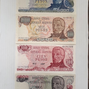 Argentina 5000, 1000, 100, 10 Pesos Lot of 4 Banknotes 1980s-1990s Colorful